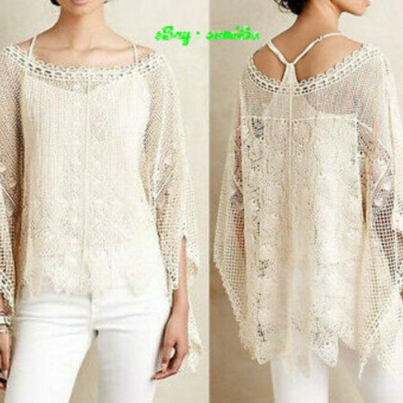 Sparrow Anthropoligie Scalloped Crochet Poncho Cream Loose Knit Sz XS/S NEW - Picture 4 of 9